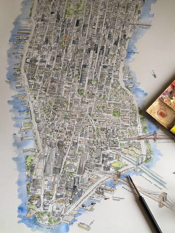 Huge NYC Map Drawing Hand Embellished By Blue Logan
